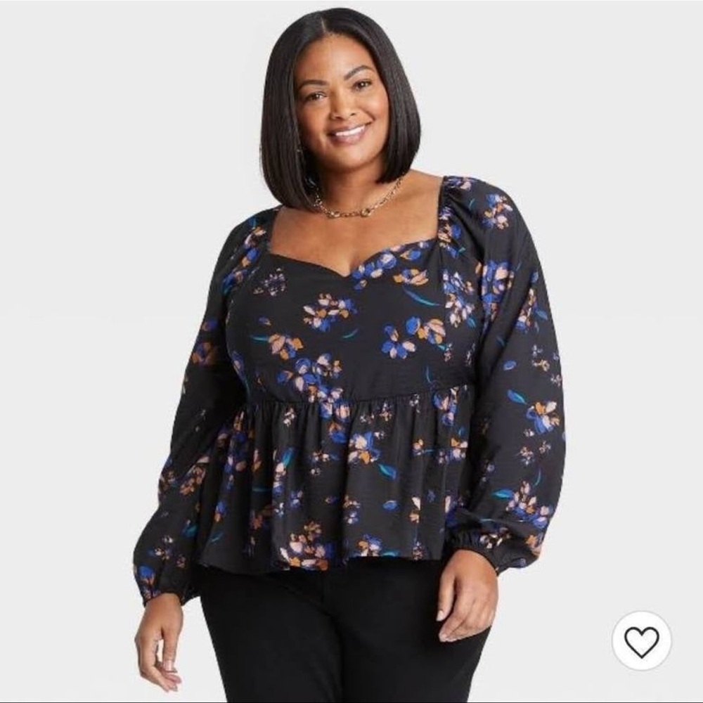 Ava & Viv Black Floral Peplum Top - Plus Size